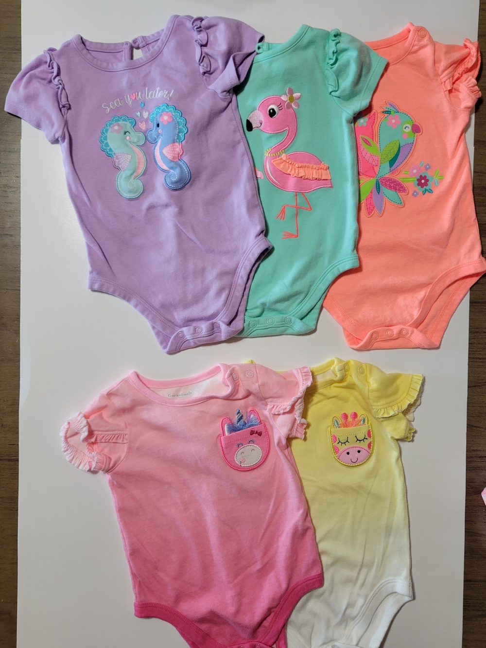 Garanimals Baby Girl 12M Bodysuit Lot 5pc Seahorse Flamingo Butterfly Summer Set